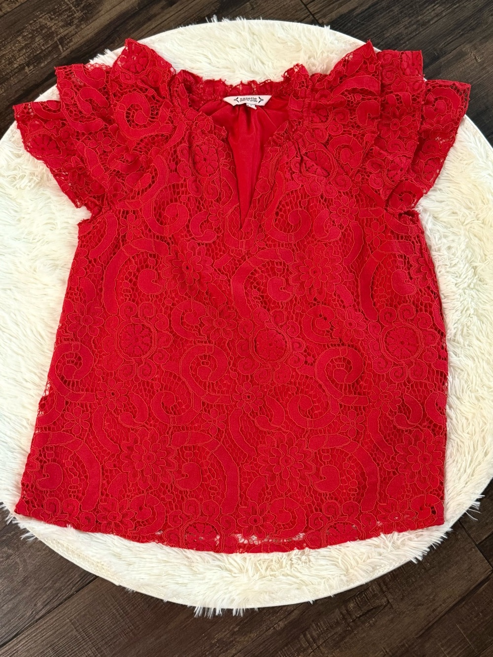 Nanette Lepore Red Lace Blouse Scalloped Trim Feminine Dressy Top Women’s Small